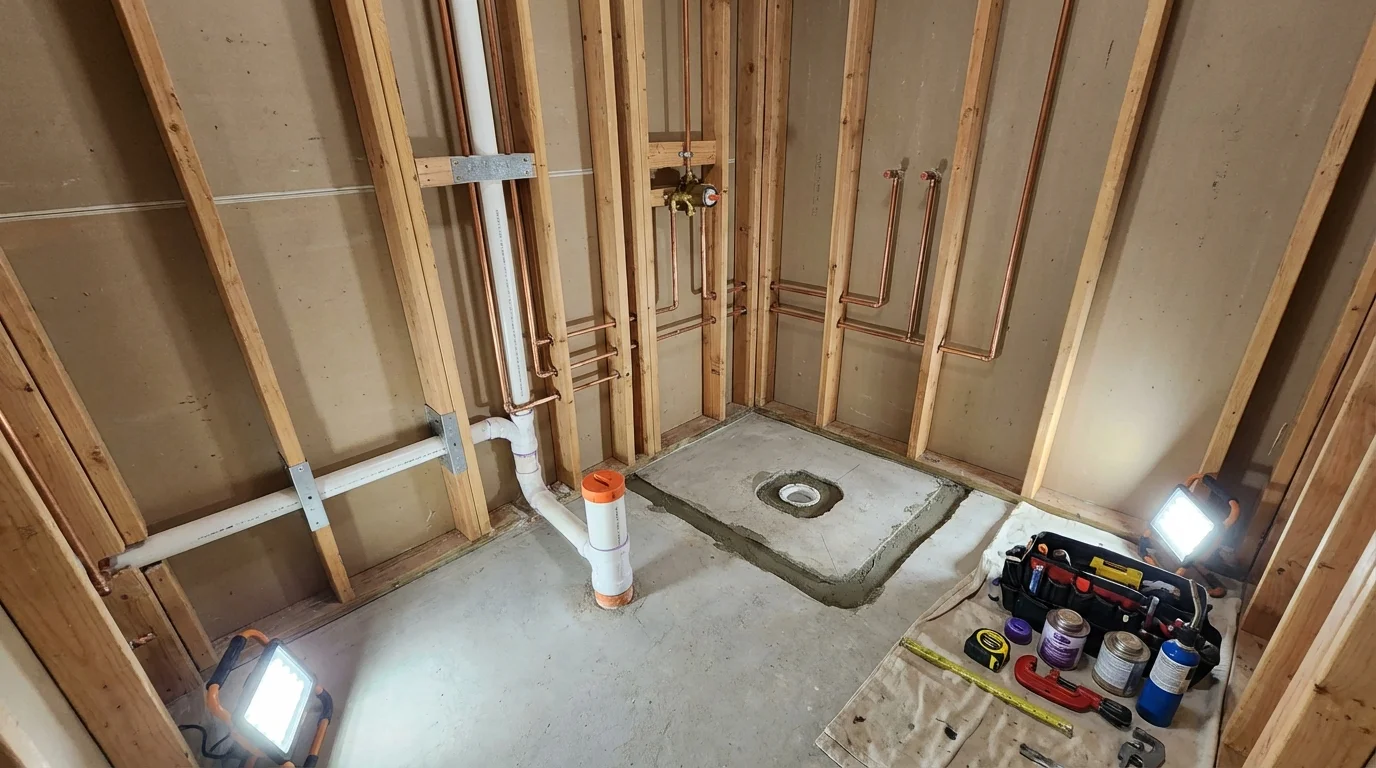 Bathroom rough-in plumbing during remodel by Johns Plumbing LLC in Ogallala