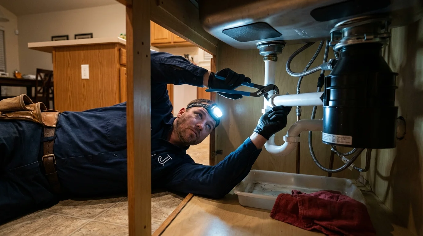 P-trap and supply line connections under a kitchen sink showing a common leak point in Ogallala, NE